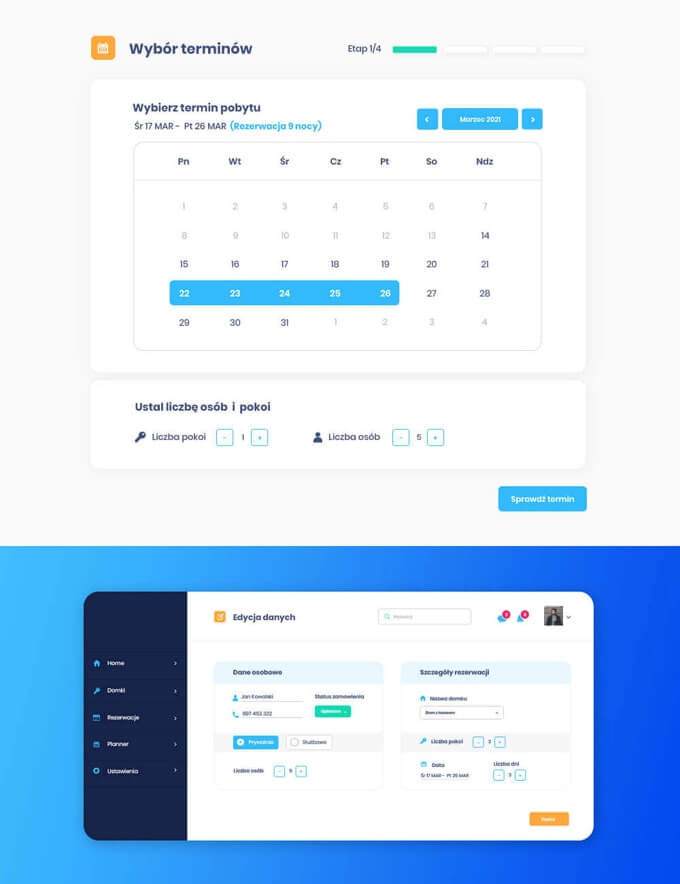 Projekt aplikacji internetowej, system rezerwacji noclegów online. Widok kalendarza rezerwacji.