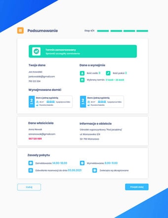 Projekt aplikacji internetowej, system rezerwacji noclegów online. Widok podsumowania rezerwacji.