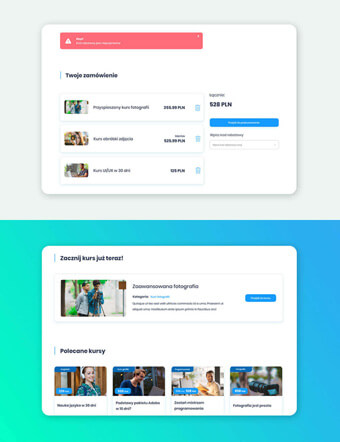 Projekt aplikacji internetowej, system sprzedaży kursów online. Widok koszyka.