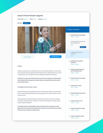 Projekt aplikacji internetowej, system sprzedaży kursów online. Widok listy lekcji.